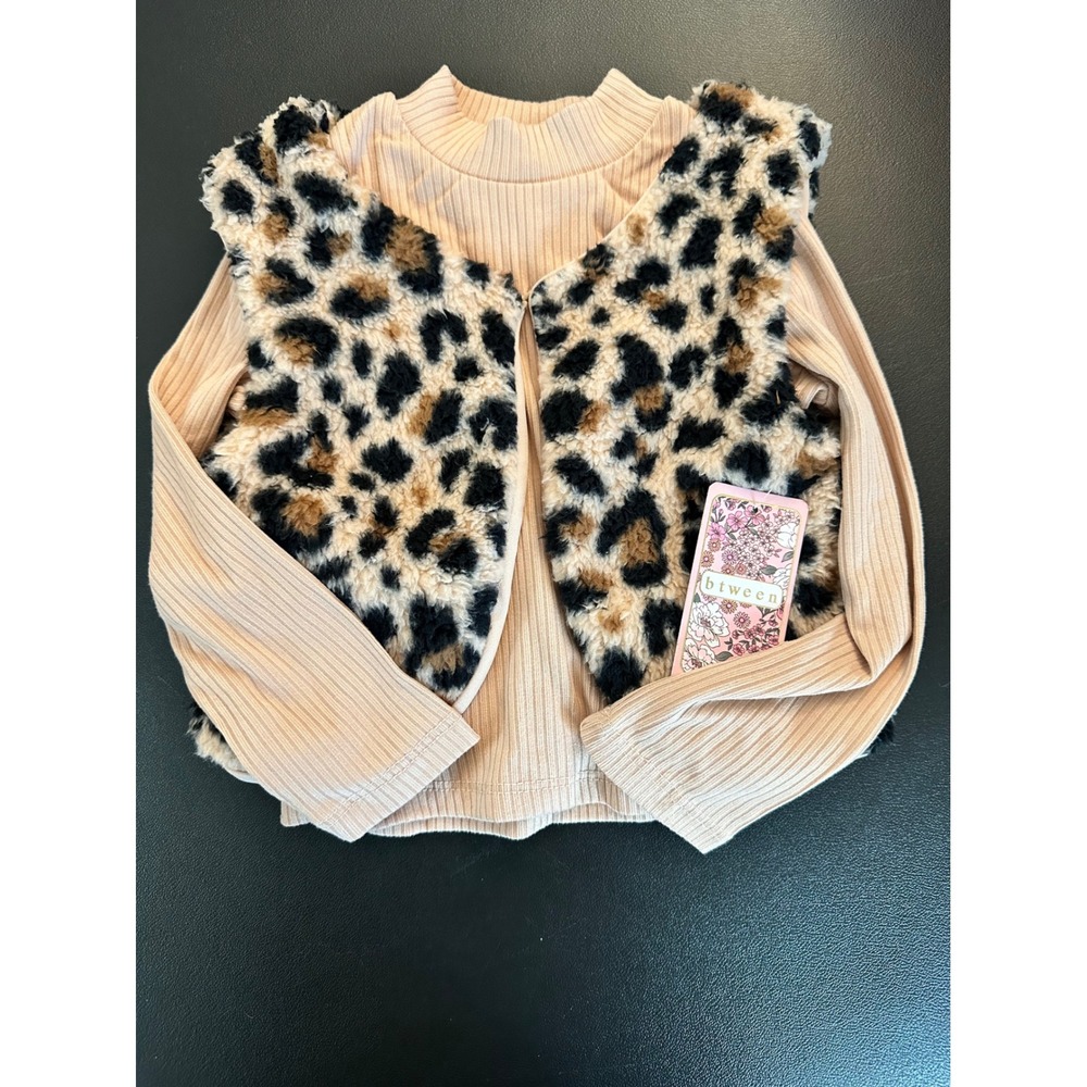 btween Leopard Faux Fur Vest Beige Ribbed Long Sleeve Top Set Kids Size 2T‎